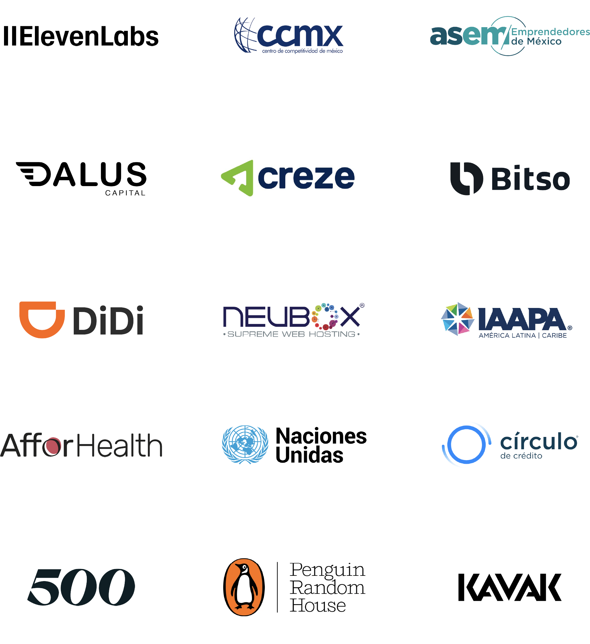 Clientes que han confiado en Apolo 25: ElevenLabs, CCMX, ASEM, AfforHealth, DALUS Capital, creze, Bitso, 500, KAVAK, DiDi, NEUBOX, IAAPA, Naciones Unidas, Penguin Random House y Círculo de Crédito
