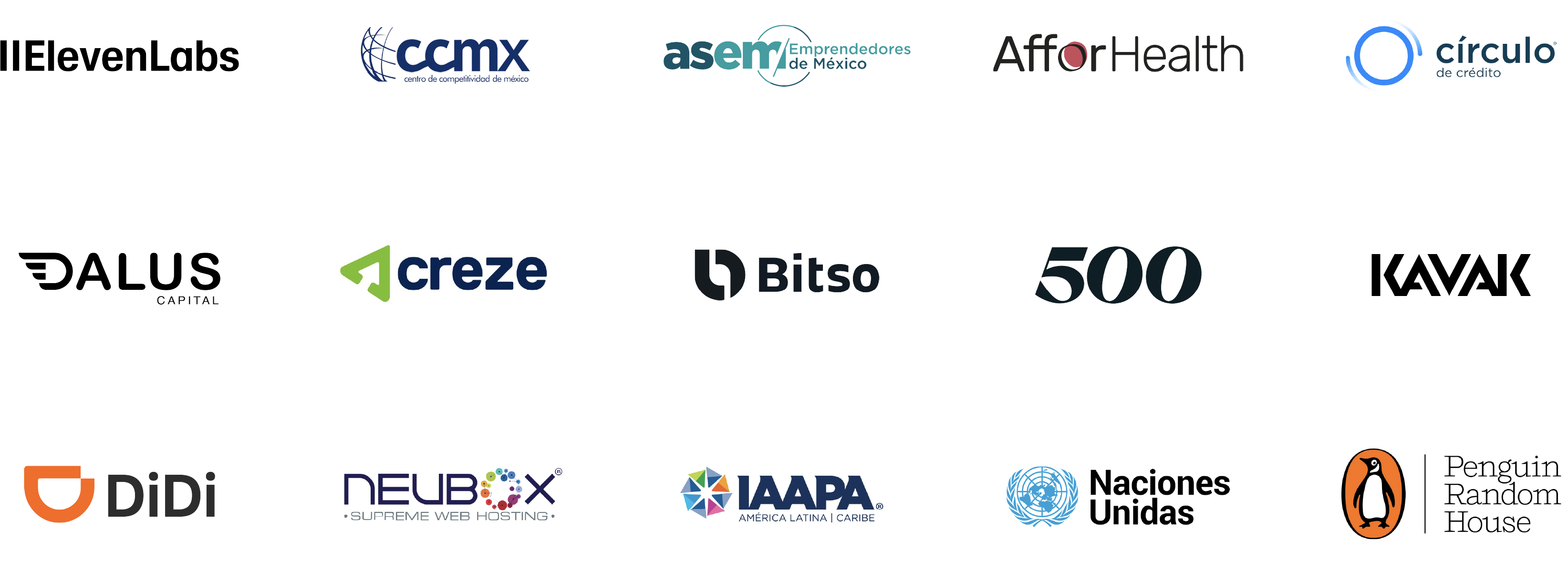 Clientes que han confiado en Apolo 25: ElevenLabs, CCMX, ASEM, AfforHealth, Círculo de Crédito, DALUS Capital, creze, Bitso, 500, KAVAK, DiDi, NEUBOX, IAAPA, Naciones Unidas y Penguin Random House