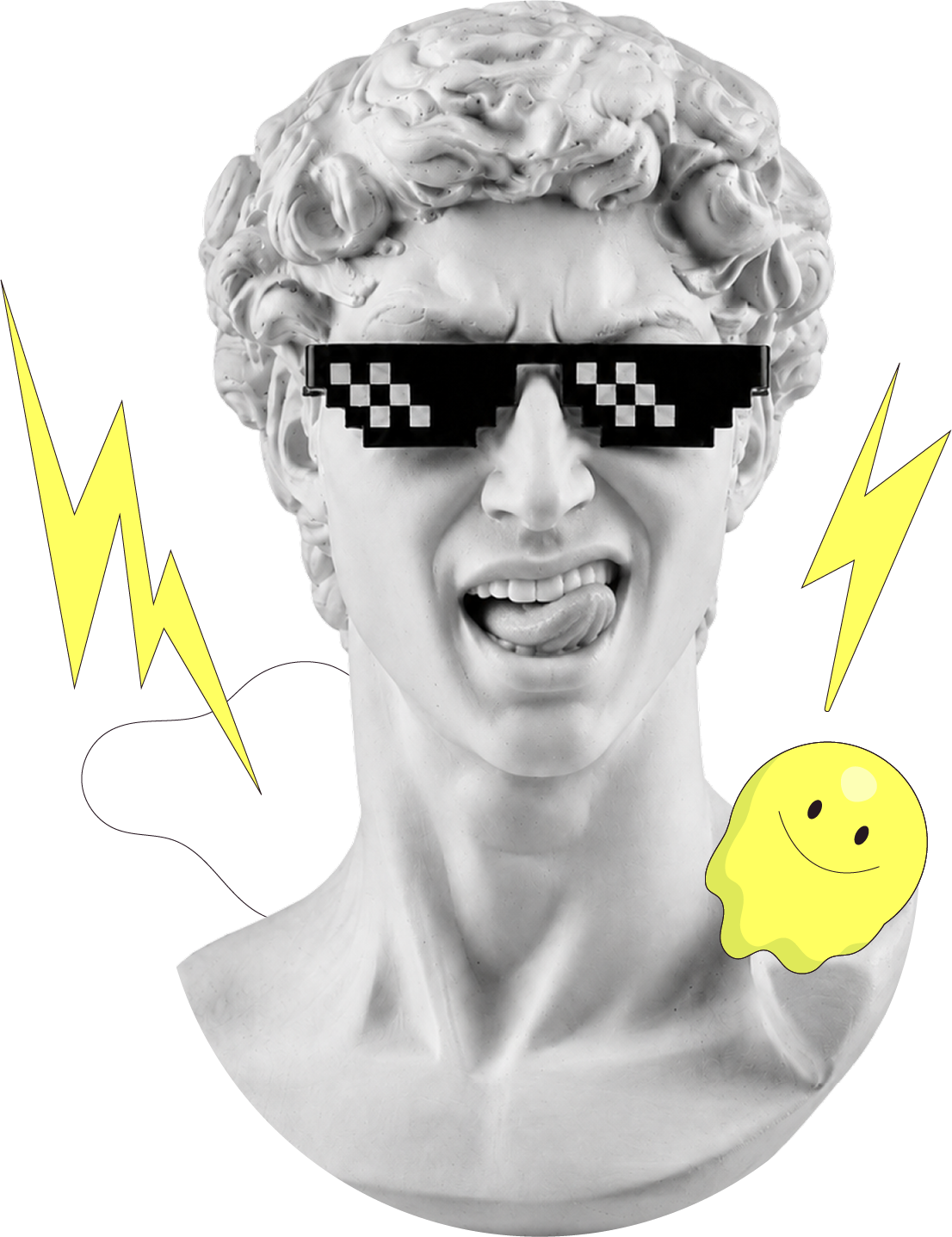 Ilustración estilo escultura clásica de Apolo con lentes y rayos